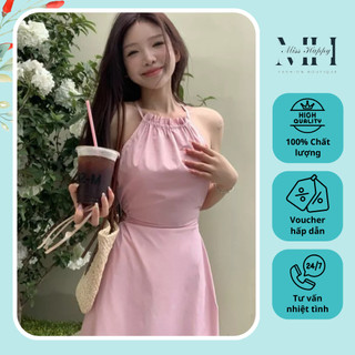 Váy hở lưng cổ yếm dáng xoè chất đũi hồng đi biển đi chơi dễ thương, Đầm mina hở vai xoè hàn quốc