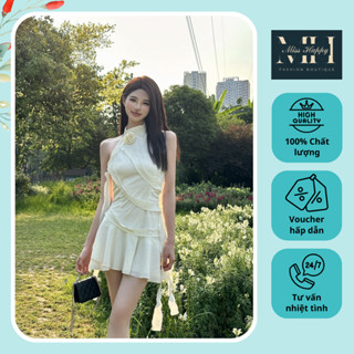Váy voan cổ yếm đầm cổ yếm hở lưng đính hoa tua rua hở lưng phong cách gợi cảm cho nữ mùa hè