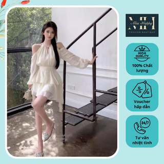 Váy Đầm voan hở vai Màu Kem 2 Tầng eo thon xếp nếp Dáng Ngắn Tiểu Thư Phong cách Hàn Quốc