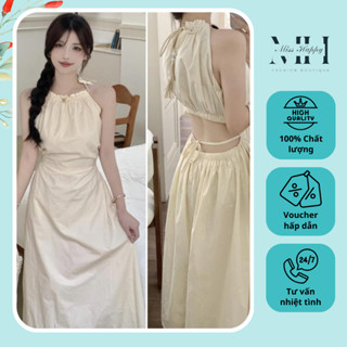 Váy cổ yếm hở lưng dáng dài tiểu thư, đầm maxi khoét eo suông dài siêu nữ tính