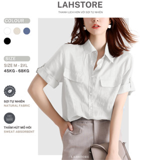 Áo sơ mi nữ form rộng tay lỡ vải linen cotton, cổ đức, 2 túi hộp trẻ trung LAHSTORE ASL15 (Trắng)