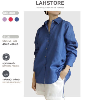 Áo sơ mi nữ form rộng tay dài LAHSTORE vải linen, dây rút eo (Xanh Coban, Tím, Hồng Phấn)