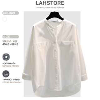 Áo sơ mi nữ form rộng tay dài LAHSTORE vải thô cotton, cổ tàu, 2 túi ngực (Trắng)