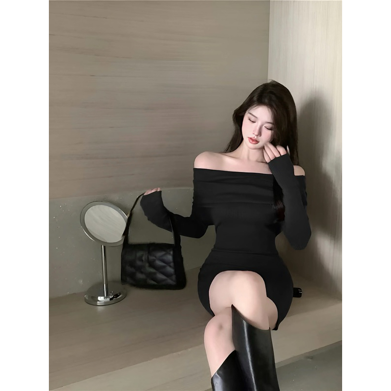 Váy Body Trễ Vai Bẻ Vai Màu Đen Chất Tăm Gân | BigBuy360 - bigbuy360.vn