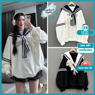 Áo sweater thủy thủ unisex, áo nỉ in chữ nổi bật điểm nhấn viền sọc tay kèm khăn quàng chất nỉ bông