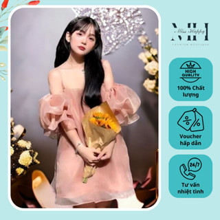 Đầm trễ vai hai dây tay bồng dự tiệc màu hồng san hô, vải organza có dây điều chỉnh độ dài