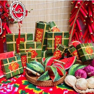 Set 9 Decor Trang Trí Tết Bánh Chưng, Bánh Tét, Dưa Hấu Mô Hình