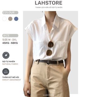  Áo sơ mi nữ cộc tay form rộng linen LAHSTORE tay hến cổ bẻ 2 túi ngực  Trắng Xanh Navy Xanh Rêu  