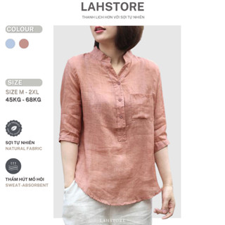  Áo sơ mi nữ form rộng tay lỡ vải đũi tơ LAHSTORE cổ tàu bổ trụ 1 túi ngực  Hồng Da Xanh Dương  
