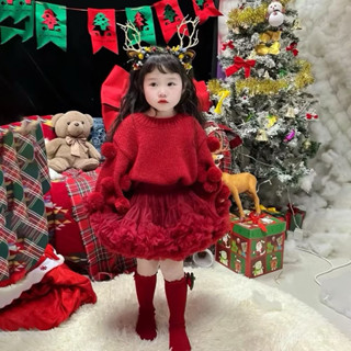    Xả kho   Set áo len quả bông đỏ mix chân váy tutu xòe bồng cho bé gái mặc noel đi tiệc 