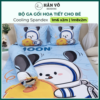 Bộ ga giường gối 1m6 1m8 Lụa Thun Lạnh Spandex Hân Võ hoạ tiết dễ thương, mát mịn, ga nệm gối bo thun