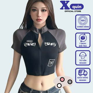 Áo croptop nữ tay ngắn phối màu cố cao khoá kéo dáng ôm Xquin, Áo thun nữ cổ lọ dáng croptop in chữ trước ngực