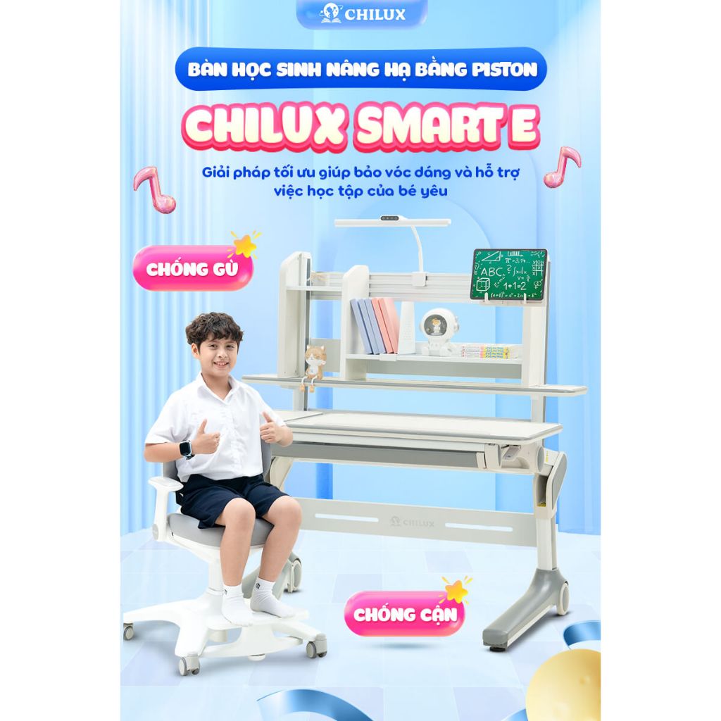 BÀN HỌC THÔNG MINH NÂNG HẠ BẰNG PISTON CHILUX SMART E - Cao cấp chống gù cho bé nâng hạ chiều cao