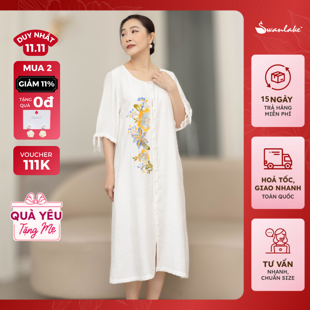 SWANLAKE | Váy Đầm Suông Trung Niên Vải Lụa Hàn Thêu Hoa Tay Lỡ Thắt Nơ Cổ Tròn Tặng Mẹ Bà - D11337