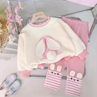  Bộ quần áo bé gái - Bộ quần áo dài tay chất cotton nỉ tai thỏ đáng yêu cho bé gái 