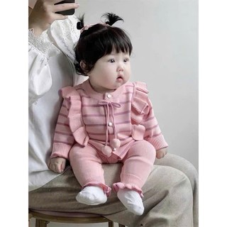  Set len dệt kim áo kẻ sọc ngang bèo vai dây buộc kèm quần dài cho bé gái hàng QCCC 