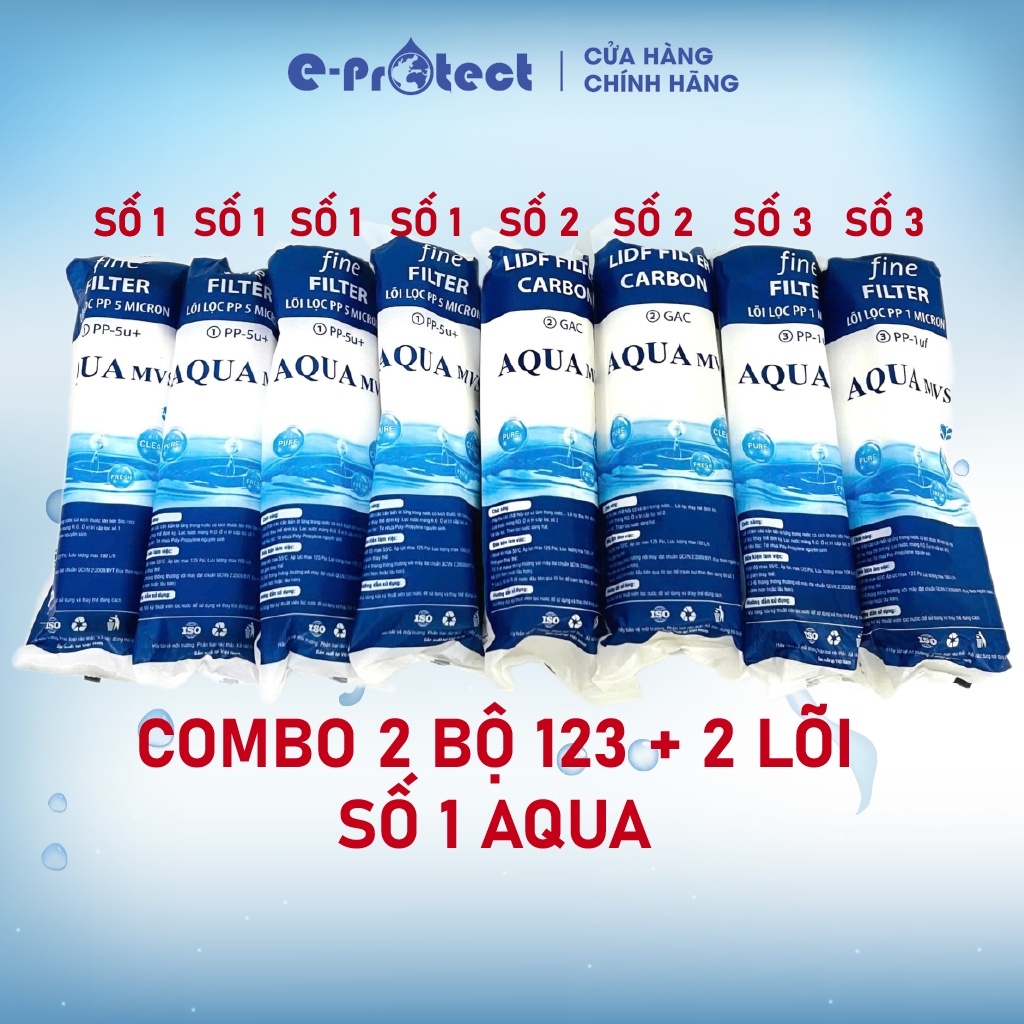 Combo 8 lõi lọc nước 123 AQUA CHÍNH HÃNG - Gồm 4 lõi số 1, 2 lõi số 2, 2 lõi số 3