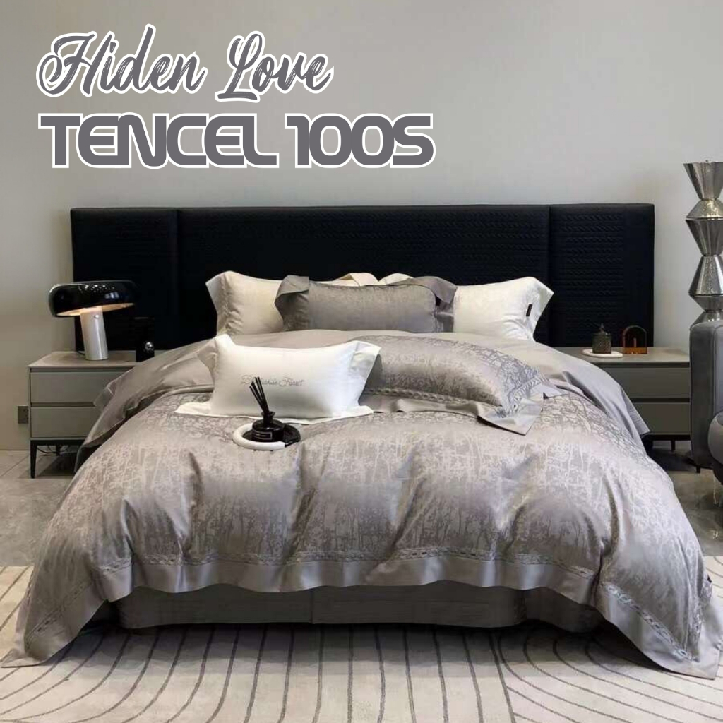 Chăn ga gối Genji Decor cao cấp Hiden Love chất liệu lụa tencel 100s màu xám có đủ kích thước đệm
