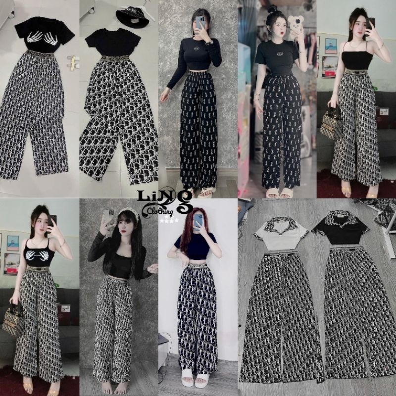 Set Áo Thun CropTop Quần Suông Chữ