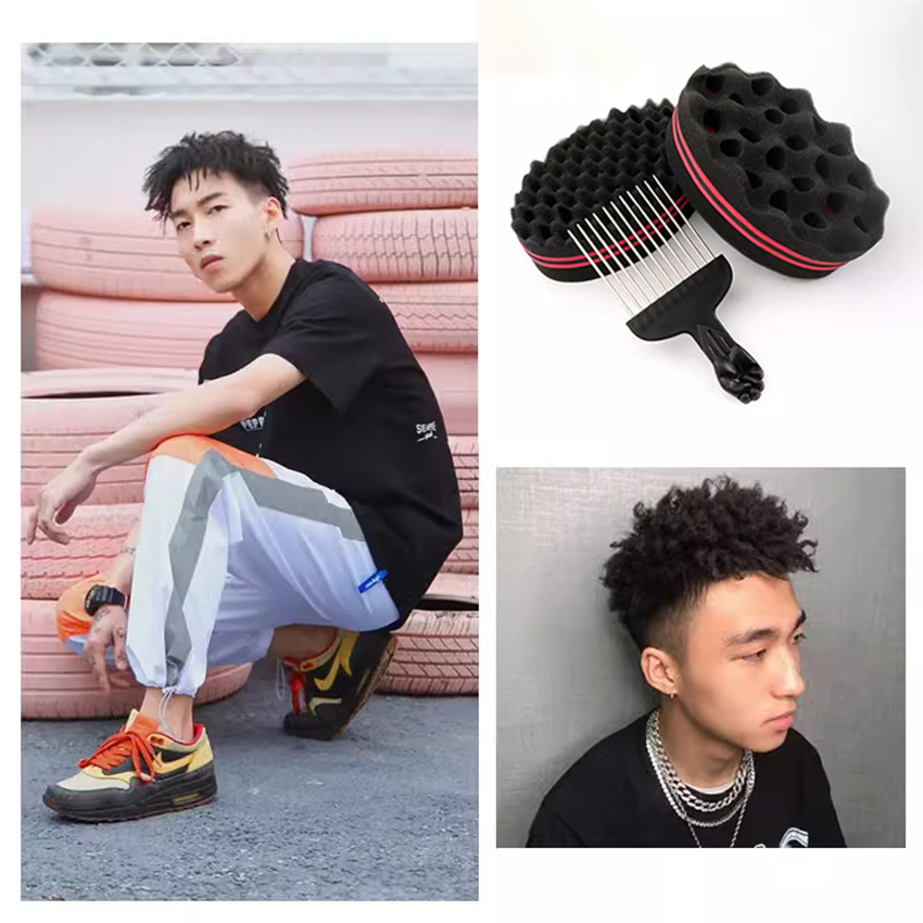 Combo dụng cụ uốn premlock châu phi lược sắt và mút xốp