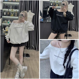 Áo sweater trễ vai nữ in chữ, áo nỉ form rộng họa tiết chữ nổi bật basic đơn giản chất liệu nỉ bông