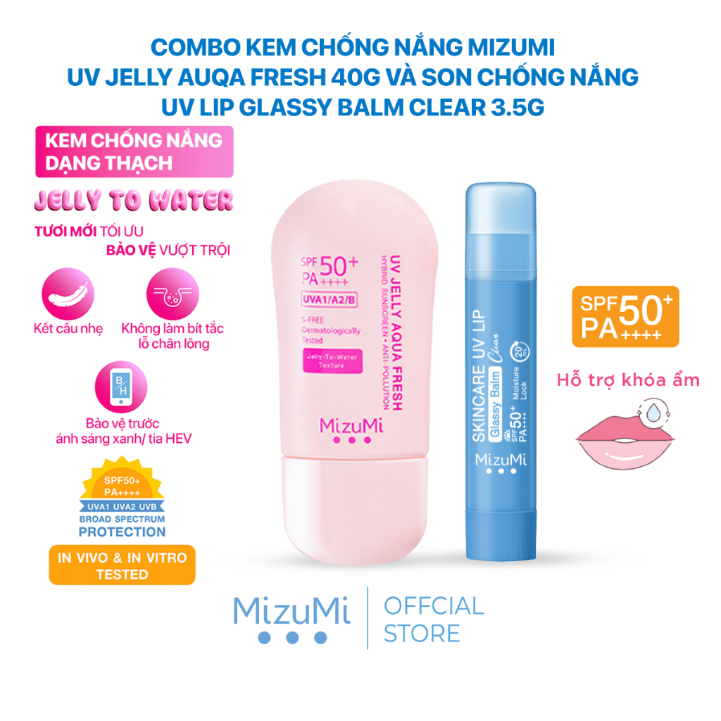 MizuMi Combo Kem chống nắng và Son dưỡng chống nắng UV Water/ UV Jelly và UV Lip Balm Clear SPF50+ P