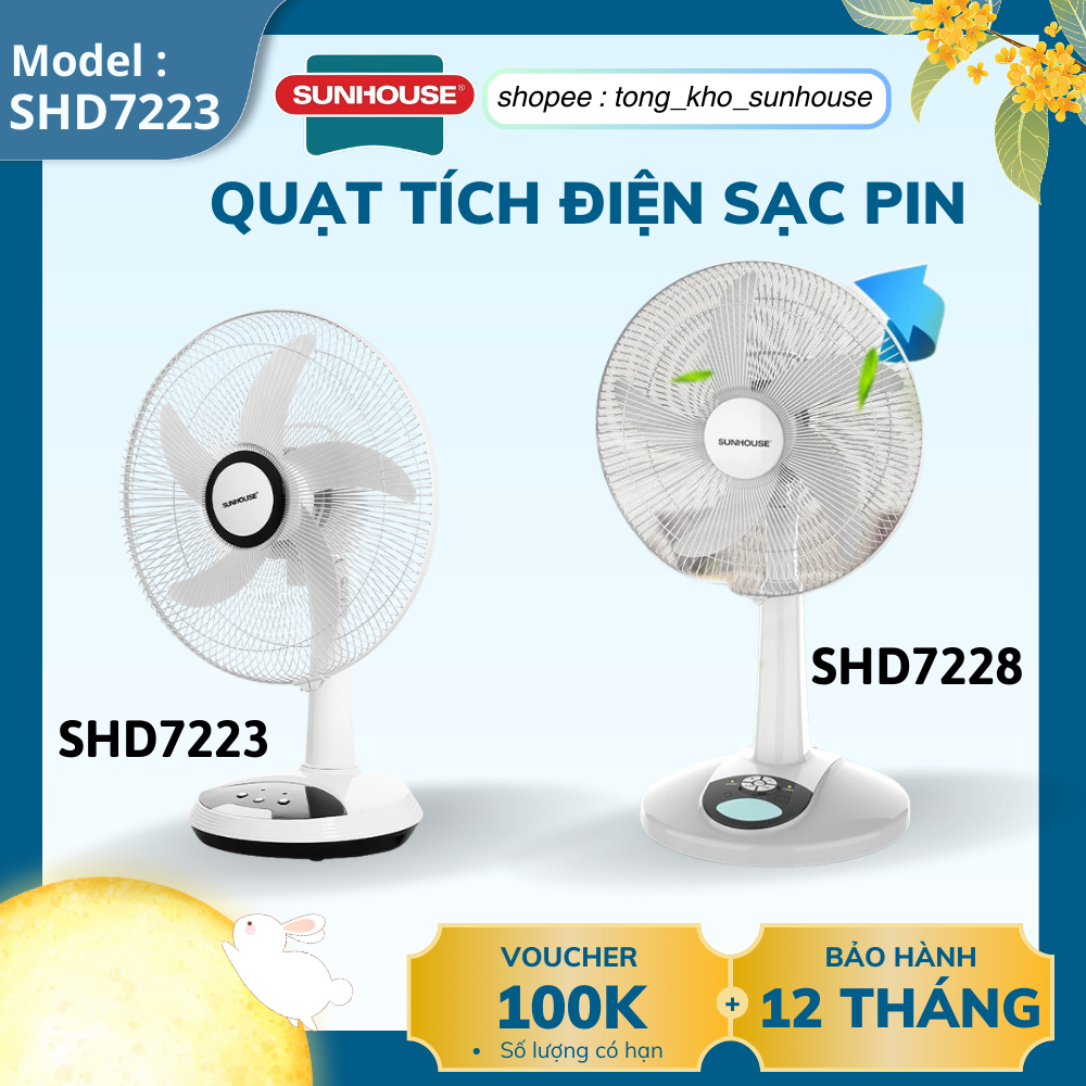 Quạt Sạc Tích Điện Sunhouse SHD7223 SHD7228 - 9 tốc độ gió, đáp ứng mọi nhu cầu - Quay đảo chiều, gió tản đều