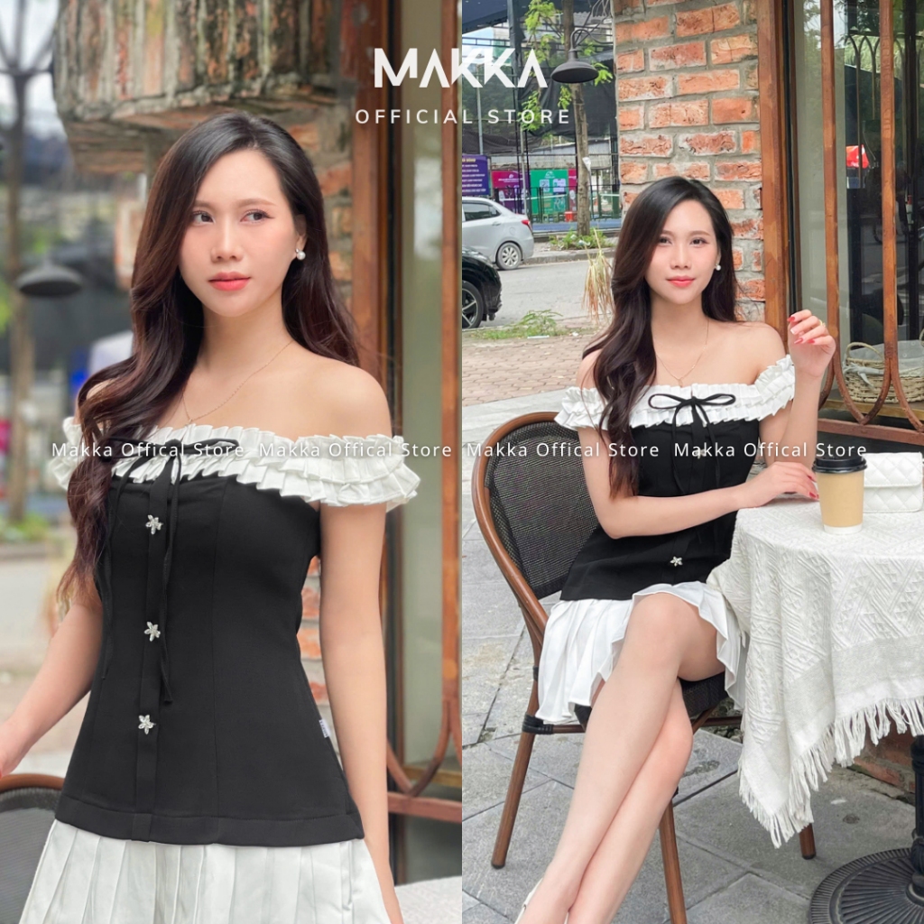 Váy nữ thiết kế MAKKA váy trễ vai xếp ly ngực mix dây thắt nơ đính khuy dáng xòe 5006 | BigBuy360 - bigbuy360.vn