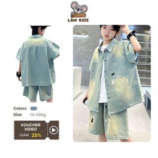 Set Jean Bé Trai Vẩy Sơn Cá Tính 14-45Kg Bộ Quần Đùi Áo Sơ Mi Cộc Tay Cho Bé Trai 2025 Lâm Kids SB1