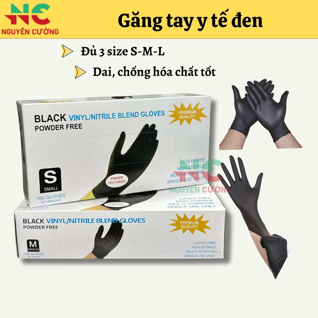 Găng tay y tế đen không bột, Găng tay cao su đen có nhám ngón dùng trong phun xăm, Spa, TMV