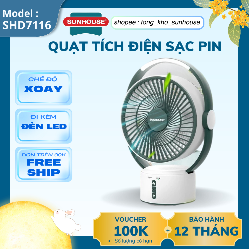 Quạt sạc điện SUNHOUSE SHD7116 - 3 tốc độ gió tùy chỉnh, tích hợp đèn ngủ 2 trong 1 - Hàng chính hãng bảo hành 12 tháng