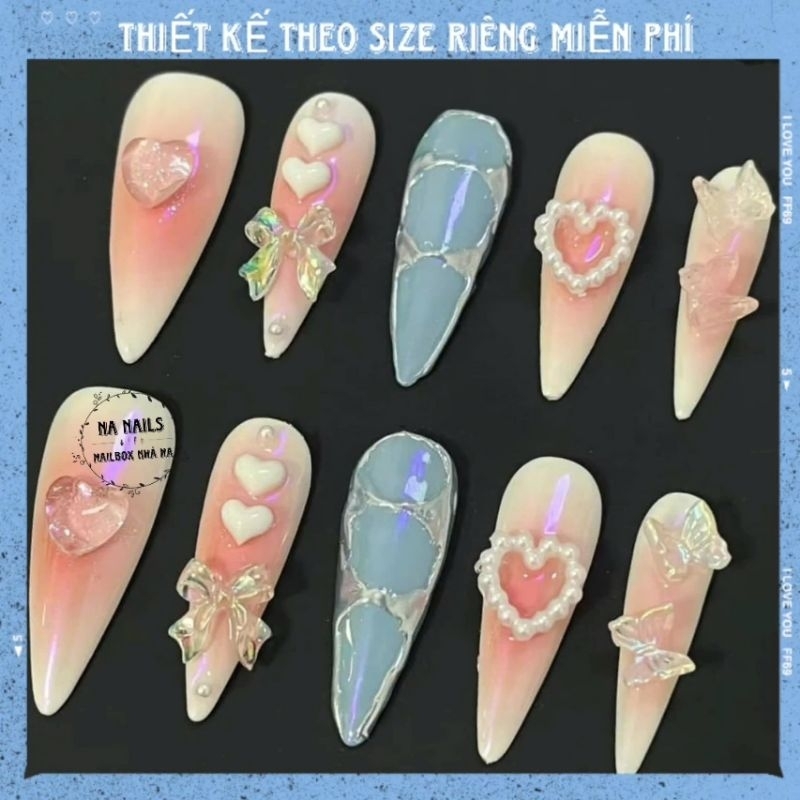 ( SIÊU PHẨM NANAILS) - Nailbox thiết kế phong cách Y2K xanh pha hồng sữa- N91