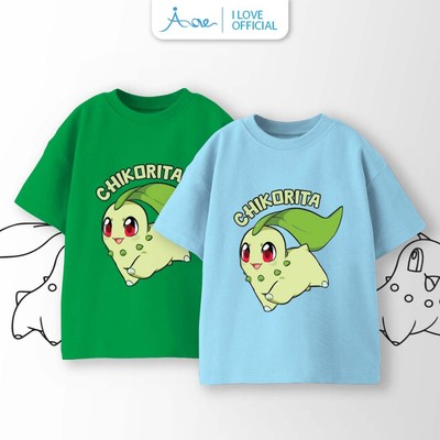 [MỚI] Áo thun CỘC TAY cho bé trai AORE, Áo cộc in hình POKÉMON CHIKORITA chất COTTON, thoáng mát 9-36kg