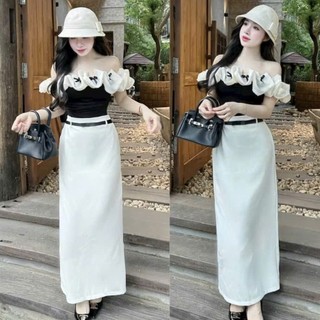  Set váy áo thun gân đen trắng trễ vai bèo voan tơ đính nơ phối chân váy kaki dáng dài kèm đai xinh 