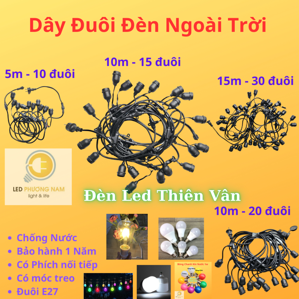 Bộ Dây Đuôi Đèn Ngoài Trời Chống Nước 5m 10đuôi/ 10m 15đuôi/ 10m 20đuôi/ 10m 30đuôi, Bảo hành 1 đổi 