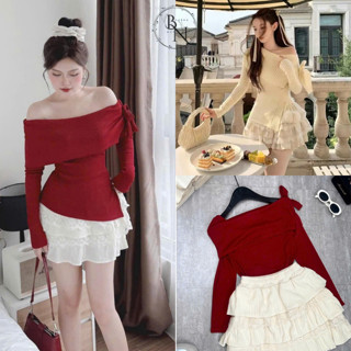 Set Đồ Nữ Áo Len Nhung Trễ Vai Thắt Nơ Mix Chân Váy Tầng Đính Viền Ren Xinh Mê Xưởng May Bảo Ngọc