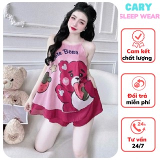 Bộ ngủ nữ, set bộ lụa phi pijama họa tiết in 3D đồ ngủ nữ thiết kế áo hai dây cổ yếm quần đùi mặc nhà mùa hè CARY
