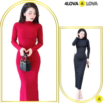 Váy Đầm Body Dáng Dài Tay Dài Cổ Cao 5p 4LOVA Chất Thun Gân Thái Co Giãn Quyến Rũ Dành Cho Nữ