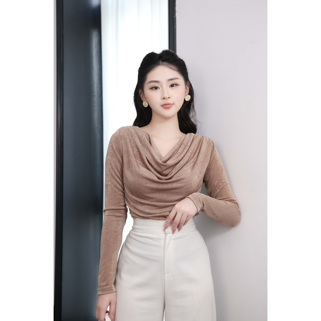Áo cổ đổ tay chờm nhún eo chất liệu cao cấp sang trọng mềm mịn MS49, xưởng HƯƠNG ANH