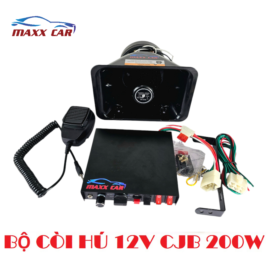 Bộ Loa + âm ly Còi Hú 12V/24V MAXXCAR CJB 200W (9 Chế Độ Âm Thanh) - Kèm Micro. Dùng cho xe ưu tiên.