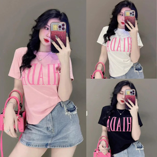  Áo thun nữ cổ tròn tay ngắn dáng ôm Phom Ôm body phối hình chữ nổi   Mã hiada   Top women 