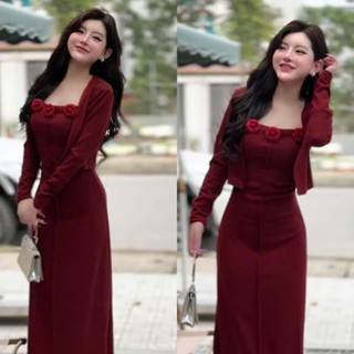 Set Váy 2 Dây Ôm Body Dáng Dài ĐÍnh Hoa Hồng Phối Áo Khoác Ngoài Croptop Tone Đỏ Sang Chảnh