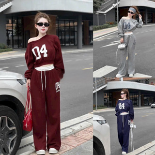 Sets bộ nữ áo dàu tay lệch vai in hoạ tiết số from croptop kèm quần dài ống rộng trẻ trung năng động cho nàng