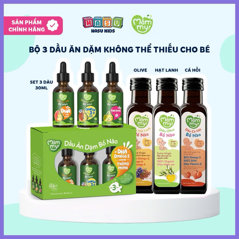 Combo 3 dầu ăn dặm bổ não Mămmy, dầu Olive bổ não, dầu cá hồi bổ não, dầu hạt lanh bổ não, loại 30ml