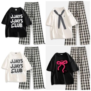 Tổng hợp các Set quần kẻ caro đen ống rộng cạp cao + Mix kèm áo phông tay  lỡ oversize