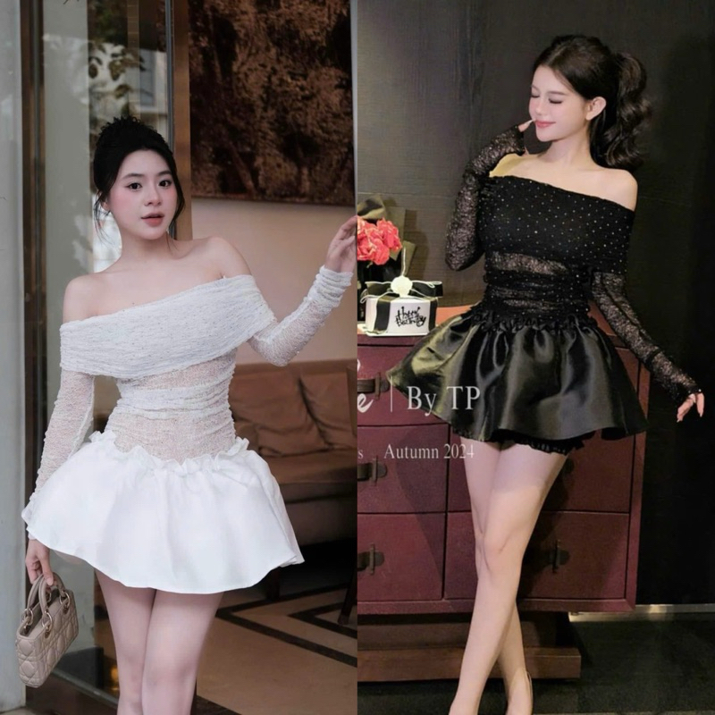 Váy Ren Trễ Vai Đính Đá Dáng Xoè 2 Màu Kèm Quần Bảo Hộ
