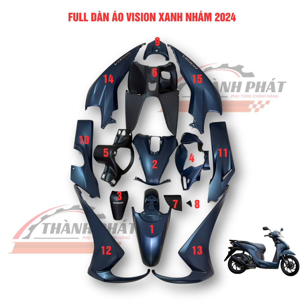 Dàn áo Vision Xanh nhám 2023 15 món Zin hãng (bán lẻ từng món)