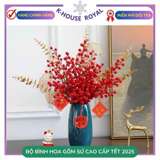 Set bình hoa gốm sứ cao cấp kèm hoa giả đào đông ngày Tết trang trí phòng khách K-House