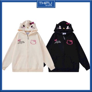 Áo Khoác Nữ Hoodie Zip Form Rộng Chất Nỉ Chống Nắng Mũ Tai Mèo In Mèo Hello Kitty Siêu Dễ Thương
