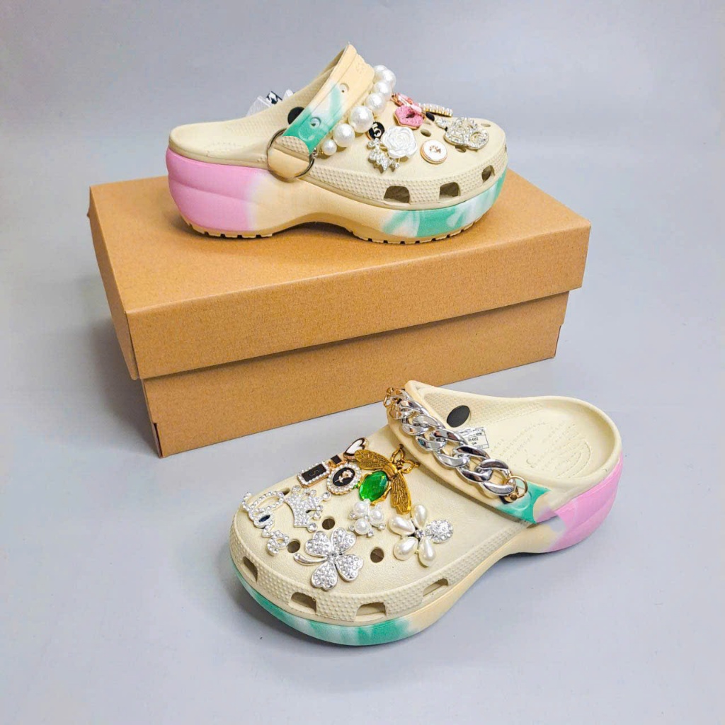 Dép classic platform ombre đế cao 5cm nhựa EVA cao cấp tặng 10 jibbitz 3D, dép sục  đế cao màu kem g